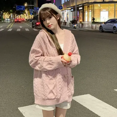 唐狮毛衣外套女2023秋冬新款慵懒风针织开衫连帽麻花宽松上衣12.5商品大图