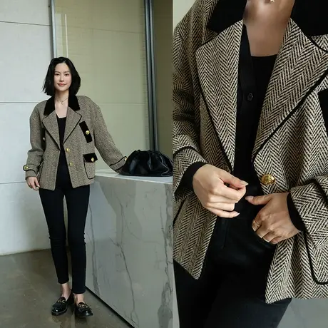 2023冬季新款女装复古气质美拉德单排扣宽松女士夹克外套上衣女图片