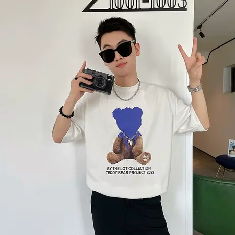 夏季男士t恤上衣短袖半袖潮流撞色设计小熊图案网红INS圆领体恤商品大图
