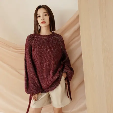 桔熊秋冬季慵懒宽松花纱毛衣别致绑带长袖保暖针织衫女大码FA2780图片