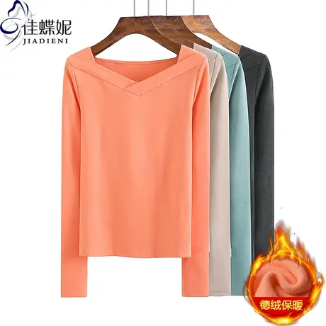 V领加厚磨毛秋冬打底衫新款保暖纯棉T恤女修身内搭长袖显瘦上衣商品大图
