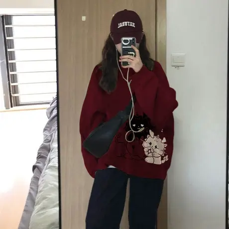 红色卫衣女2024新款爆款秋冬季加绒加厚高级感超好看上衣无帽外套图片