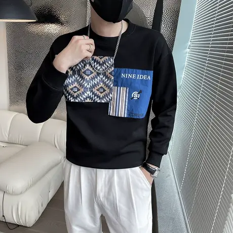 无帽卫衣男春秋季复古个性休闲圆领上衣潮牌潮流拼接网红套头外套商品大图