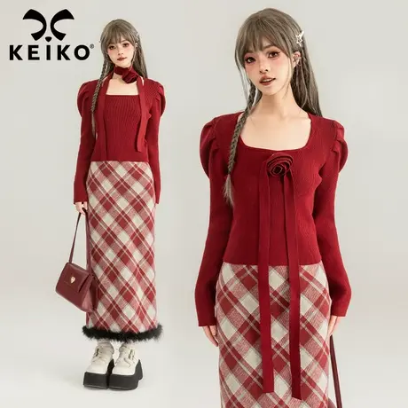 KEIKO 玫瑰花飘带饰红色针织衫2024春季新年红装内搭外穿上衣毛衣图片