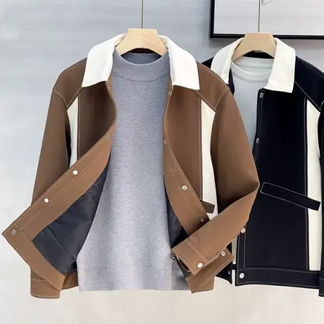 撞色拼接秋冬款夹克外套男装2023新款春秋季潮流宽松翻领男士上衣图片