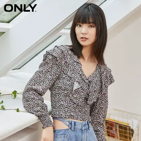 ONLY奥莱夏季印花长袖V领系带荷叶领雪纺衫女商品大图