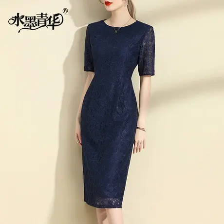 水墨青华2024春季新品连身裙修身裙子气质蕾丝裙优雅收腰连衣裙女商品大图