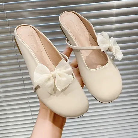 包头半拖鞋女夏外穿2024年新款仙女风蝴蝶结平底无后跟懒人凉拖鞋商品大图