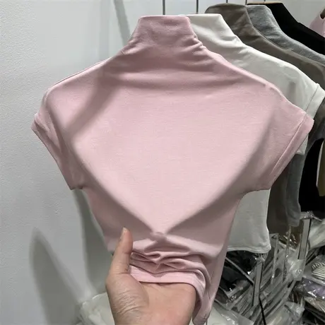 半高领短款半袖T恤女2024新款早春夏装修身显瘦纯色洋气上衣短袖商品大图