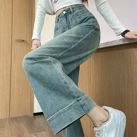 九分挽边高腰牛仔裤女2025春秋新款宽松小个子显瘦垂感阔腿直筒裤商品大图
