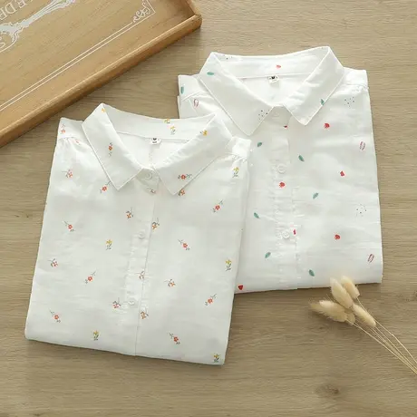 春秋韩版文艺小清新碎花翻领双层棉纱长袖衬衫女学生宽松打底上衣图片