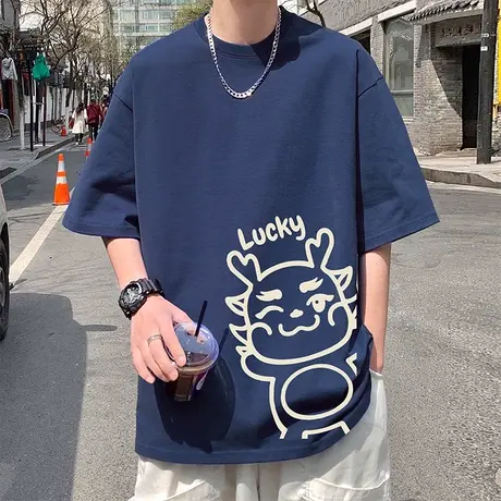 国潮港风短袖T恤男夏季纯棉2024新款潮牌男装衣服宽松半袖体恤衫商品大图