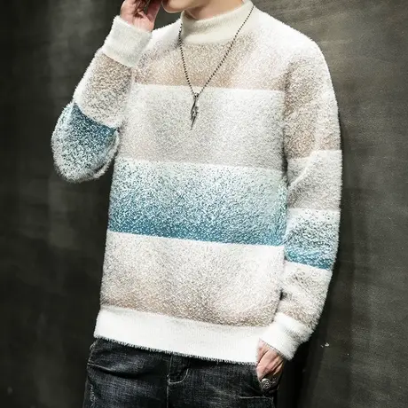 秋季新款仿貂毛毛衣男士韩版潮牌时尚休闲条纹半高领针织衫上衣服商品大图