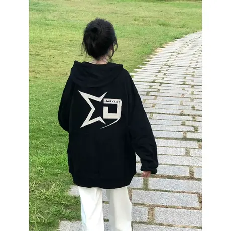 美式复古设计感连帽卫衣女2024新款春秋冬宽松慵懒风加绒加厚外套图片