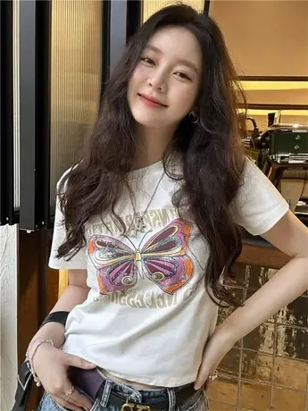 美式复古白色短款正肩短袖t恤女夏季小个子修身显瘦半袖百搭上衣商品大图