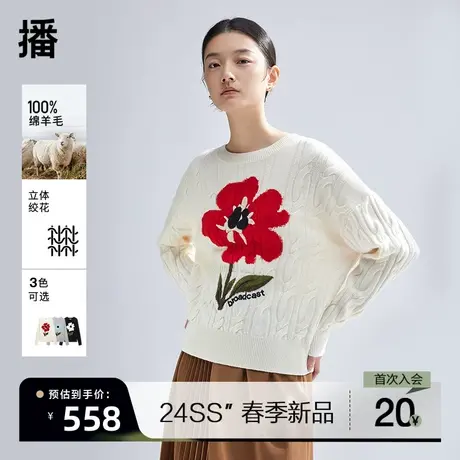 播提花针织衫女2024春季新款洋气短款圆领内搭毛衣DDR1SD5121商品大图