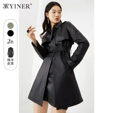 YINER音儿线上专选女装春季中长款系带收腰真皮皮衣商品大图