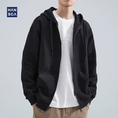 hansca开衫卫衣男士秋冬新款潮牌纯色复古宽松休闲华夫格连帽外套商品大图