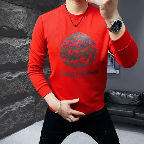 2024龙年本命年新款男士长袖T恤衫加肥加大码宽松卫衣大红色体恤图片