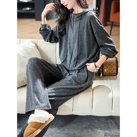 宝诗黎简约休闲运动风长裤套装2024春季慵懒短款卫衣外套两件套女商品大图
