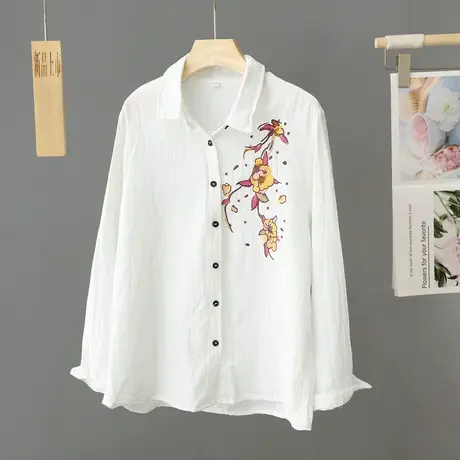 刺绣纯棉棉纱长袖白衬衫女春季2024年新款国风衬衣打底衫女装上衣商品大图