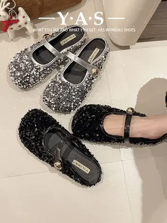法式小皮鞋包头拖玛丽珍鞋平底鞋银色亮片单鞋瓢鞋春夏晚风女鞋子商品大图
