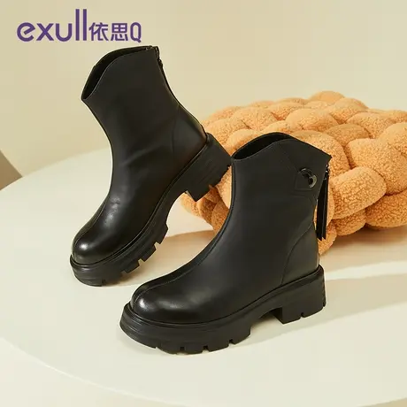 依思Q真皮短靴子女2023年新款冬季粗跟马丁靴高跟后拉链瘦瘦靴女图片