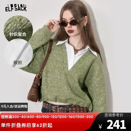 妖精的口袋拼接假两件针织卫衣女2023冬新款小个子短款设计感上衣图片