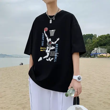 时尚百搭休闲短袖男士宽松半袖帅气体恤港风T恤2023夏季新品棉感商品大图