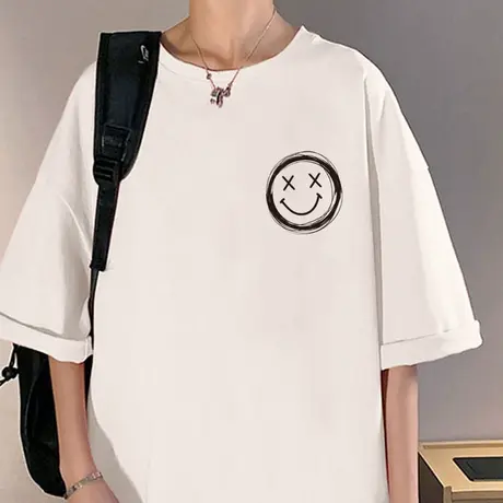 夏季短袖T恤男ins潮牌笑脸印花打底衫港风潮流设计感纯棉上衣服薄商品大图