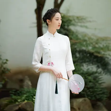 新中式复古改良旗袍奥黛女2023夏季原创天丝面料连衣裙中式禅茶服商品大图