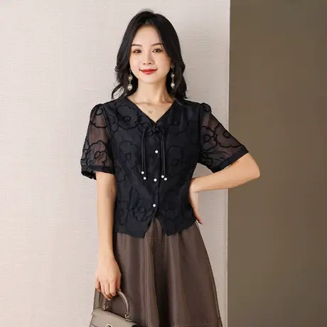伊自尚2023年新款韩版小香风大码女装夏季时尚显瘦中式短款雪纺衫商品大图