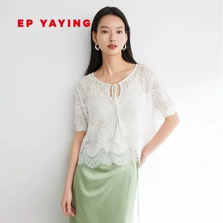 EP雅莹女装 镂空短袖空调衫 蕾丝系带棉麻针织衫 2023新款9530A商品大图