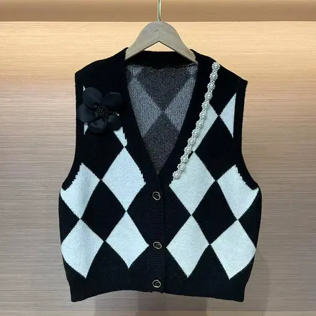 开衫小香风短款宽松花朵毛衣马甲背心外套女2023春秋新款针织马夹图片