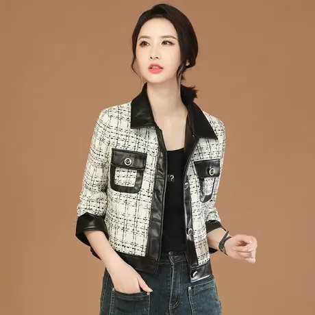 韩潮袭人小香风翻领拼接格纹毛呢外套女2023冬装新款休闲短款大衣图片