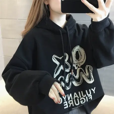 连帽卫衣2023冬新款宽松上衣外套字母减龄学生加绒加厚小众设计感商品大图