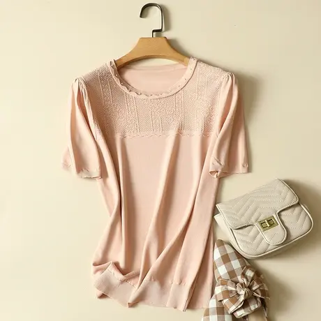 清仓！冰丝针织衫短袖女2023春夏新款宽松显瘦薄款打底衫女上衣商品大图