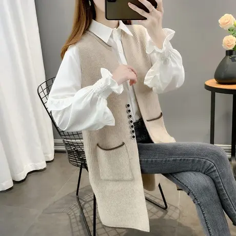 中长款针织马甲女2023年新款秋装宽松针织背心无袖毛衣宽松外搭女商品大图