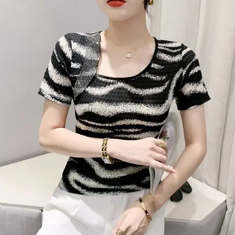 重工烫钻T恤女短袖2023夏装新款性感露锁骨心机上衣洋气印花小衫商品大图