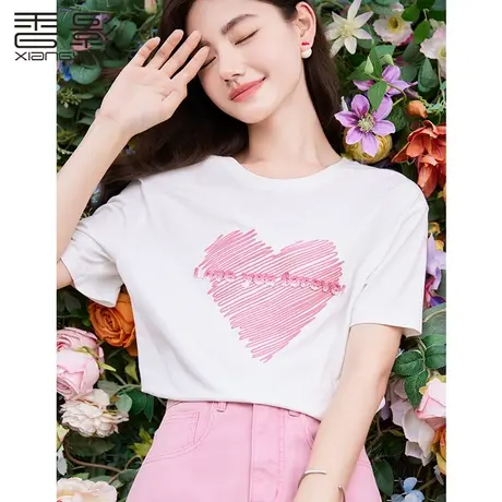 香影白色短袖t恤女2023年夏装新款立体字母爱心印花宽松圆领上衣商品大图