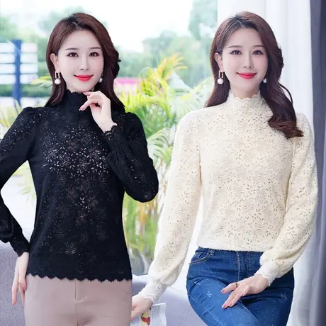 蕾丝打底衫女长袖2022秋冬新款白色显瘦百搭洋气内搭高领薄款上衣图片