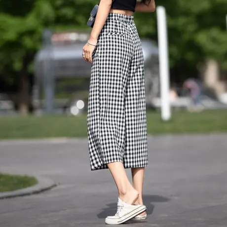 黑白格子裤女夏季薄款小个子七分裤冰丝阔腿裤2023新款休闲八分裤图片