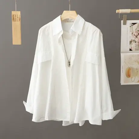 设计感小众白色纯棉衬衫女式开衫韩版宽松休闲衬衣外搭上衣外套图片