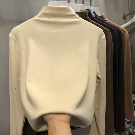 半高领德绒打底衫长袖t恤女2020新款秋冬保暖内搭加绒加厚上衣服商品大图