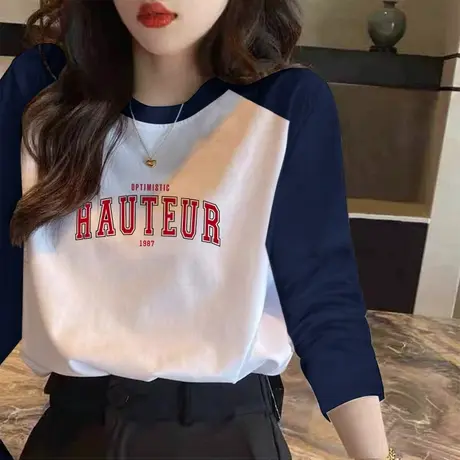 圆领拼色磨毛加厚长袖T恤女2022秋冬新款设计感小众宽松休闲上衣图片