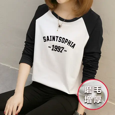 插肩袖长袖t恤女2023年早春新款拼接撞色字母印花宽松圆领打底衫商品大图