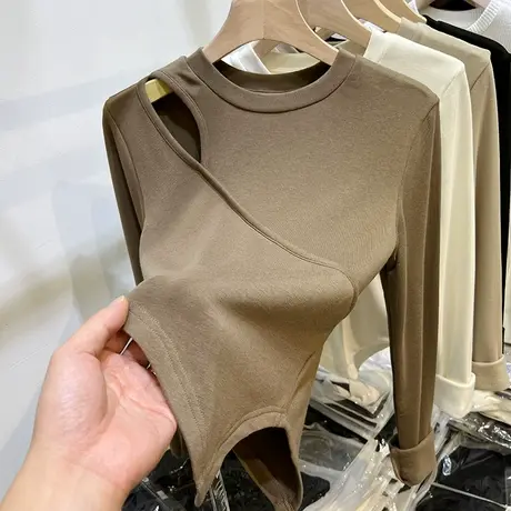 短款高腰镂空不规则下摆T恤女2022春秋新款磨毛加薄绒打底衫上衣商品大图