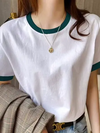 2023夏季新款白色仿棉短袖T恤女插肩袖拼接韩版学生百搭宽松ins图片