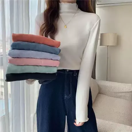 木耳边2023夏新款长袖T恤女装宽松白色纯色打底衫秋装内搭上衣秋商品大图