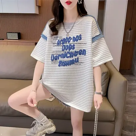 华夫格提花短袖t恤女夏季韩版宽松大码女装中长款下衣失踪上衣服商品大图